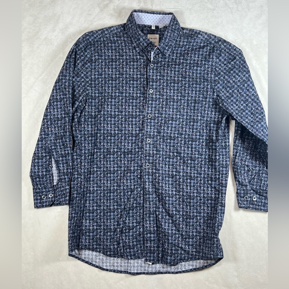 Haupt Germany 15.5 39/40 Modern Fit Geometric Blue Patterned Dress Shirt